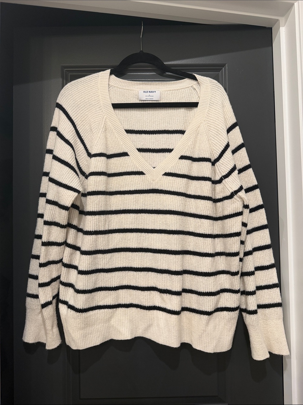 Old Navy Cream and Black Striped V-Neck Sweater